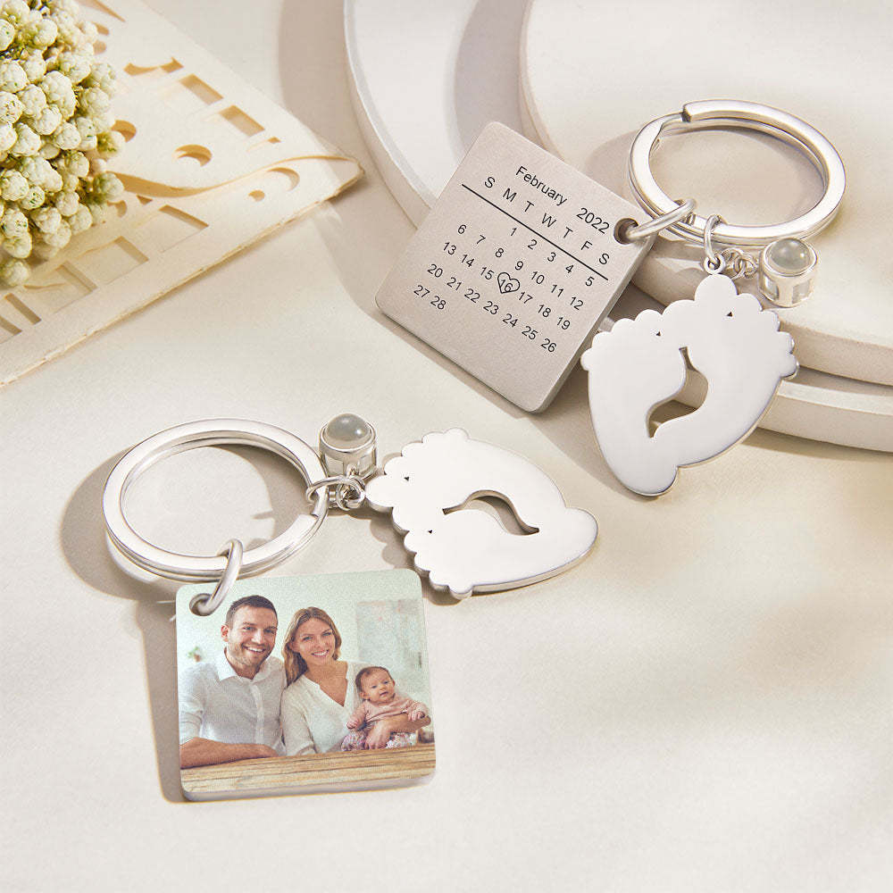 Custom Photo Projection Date Keychain Personalized Calendar Key Ring Newborn Announcement - soufeelus