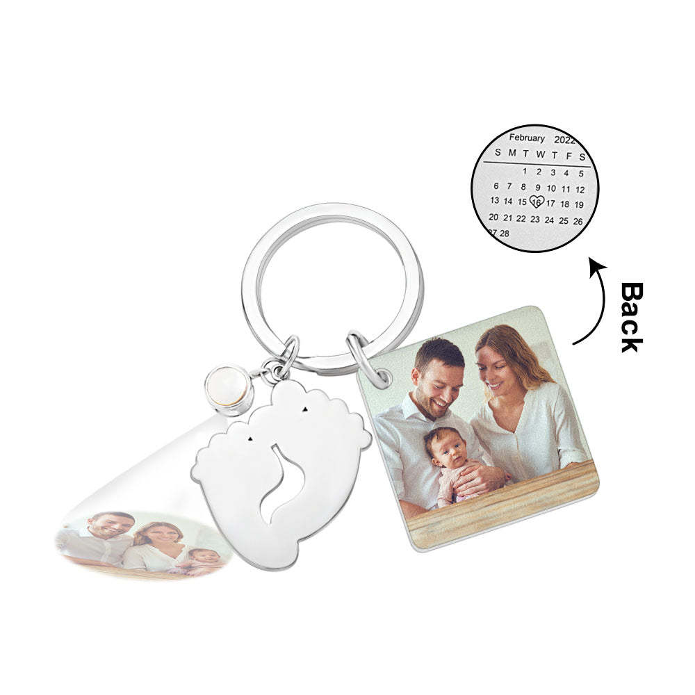 Custom Photo Projection Date Keychain Personalized Calendar Key Ring Newborn Announcement - soufeelus