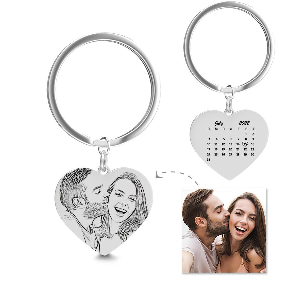 Personalized Calendar and Photo Keychain, Heart Keychain, Anniversary Gift for Couple - soufeelus