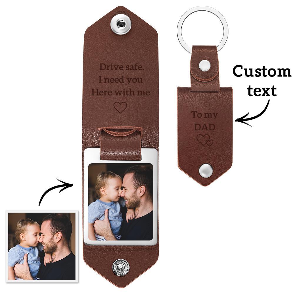 Custom Leather Photo Text Keychain Drive Safe Keychain Anniversary Gift For Dad With Engraved Text - soufeelus