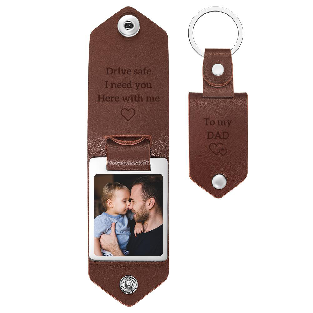 Custom Leather Photo Text Keychain Drive Safe Keychain Father's Day Gift For Dad With Engraved Text