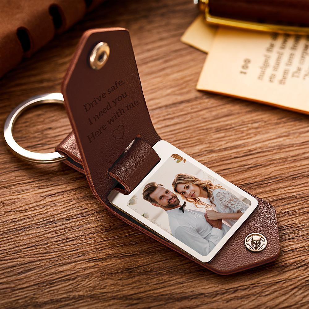 Custom Leather Photo Text Keychain Anniversary Gift For Boyfriend With Engraved Text - soufeelus