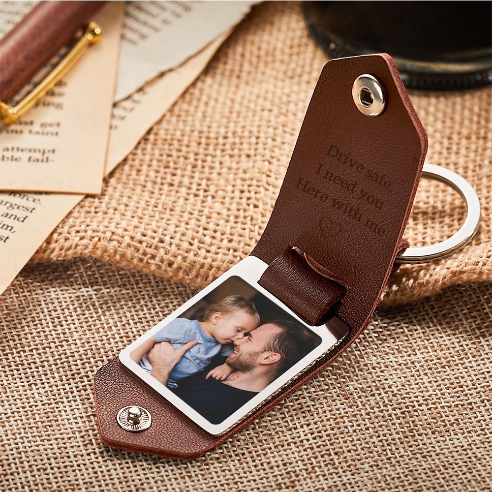Custom Leather Photo Text Keychain Drive Safe Keychain Anniversary Gift For Dad With Engraved Text - soufeelus