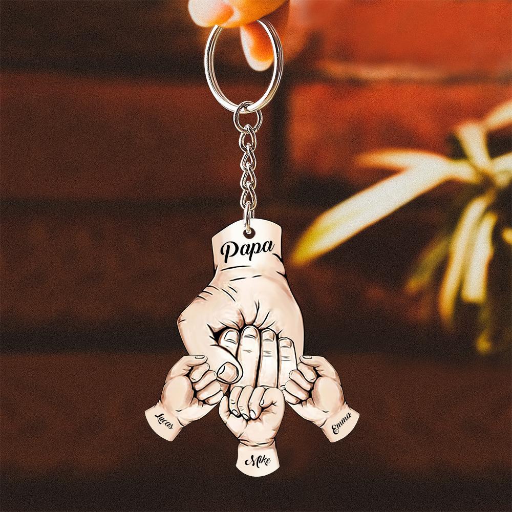 Custom Words Engraved Hand Shaped Keychain For Father's Day Holding Hands - soufeelus