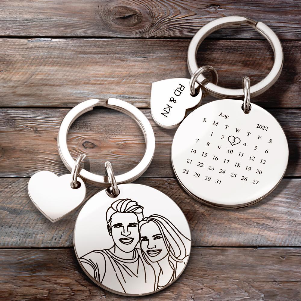 Custom Line Art Photo Engraved Keychain Date Save Keychain Significant Date Marker Custom Anniversary Gifts - soufeelus