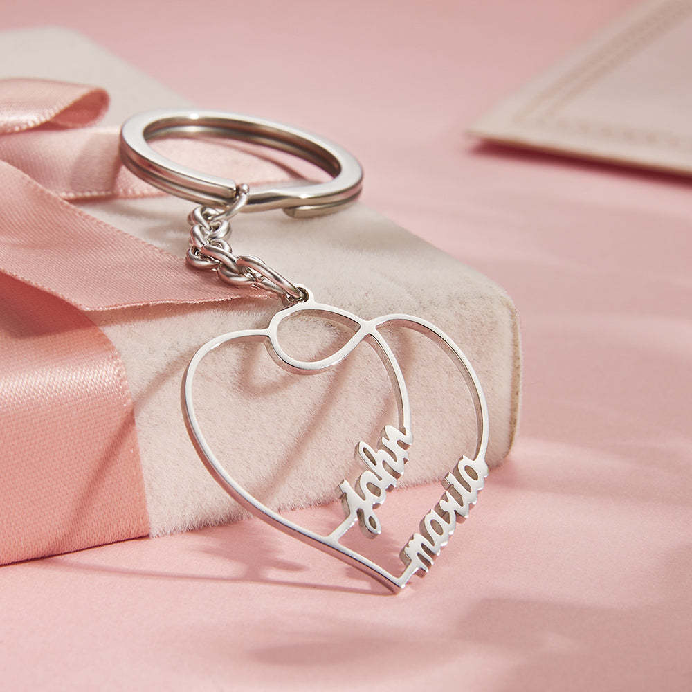 Personalized Two Names Double Heart Keychain Custom Letters Metal Key Ring for Couples - soufeelus