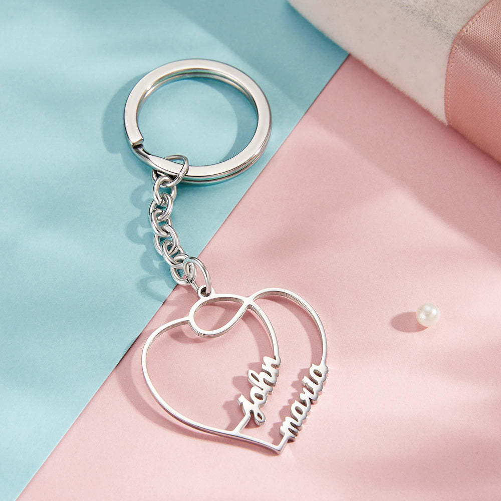 Personalized Two Names Double Heart Keychain Custom Letters Metal Key Ring for Couples - soufeelus