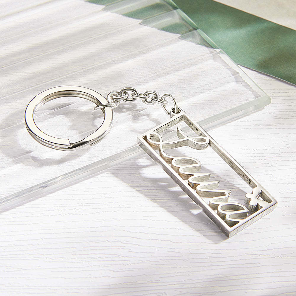 Personalized Name Rectangle Border Keychain Custom Text Stainless Steel  Key Holder Creative Gifts for Him - soufeelus