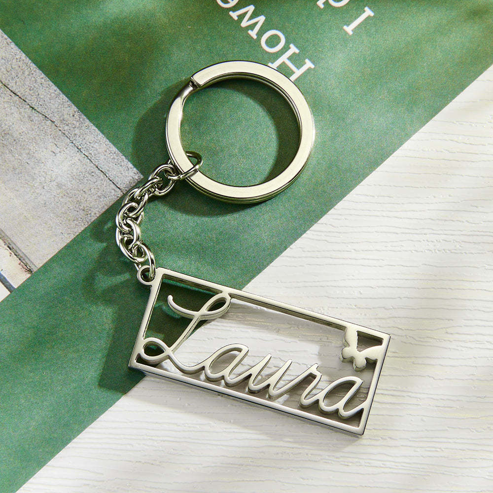 Personalized Name Rectangle Border Keychain Custom Text Stainless Steel  Key Holder Creative Gifts for Him - soufeelus