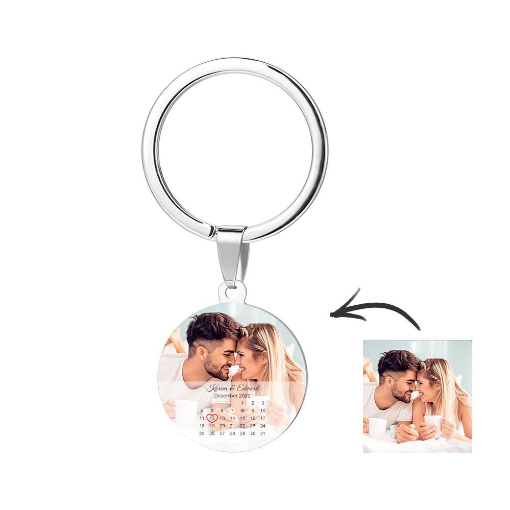 Custom Round Calendar Tag Photo Keychain Memorial Gifts for Couple - soufeelus