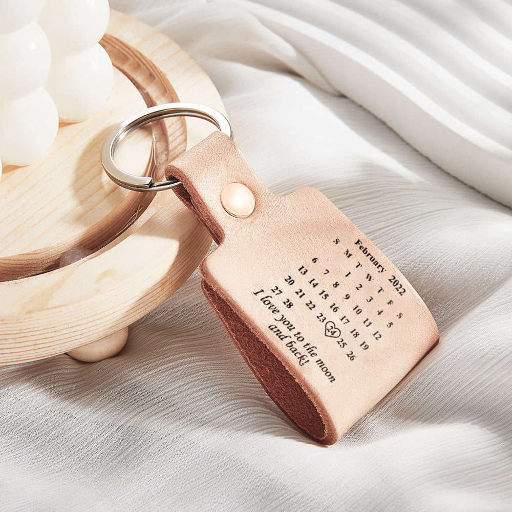Personalized Calendar Leather Keychain Custom Engraved Date Elegant Keyring Anniversary Gift - soufeelus