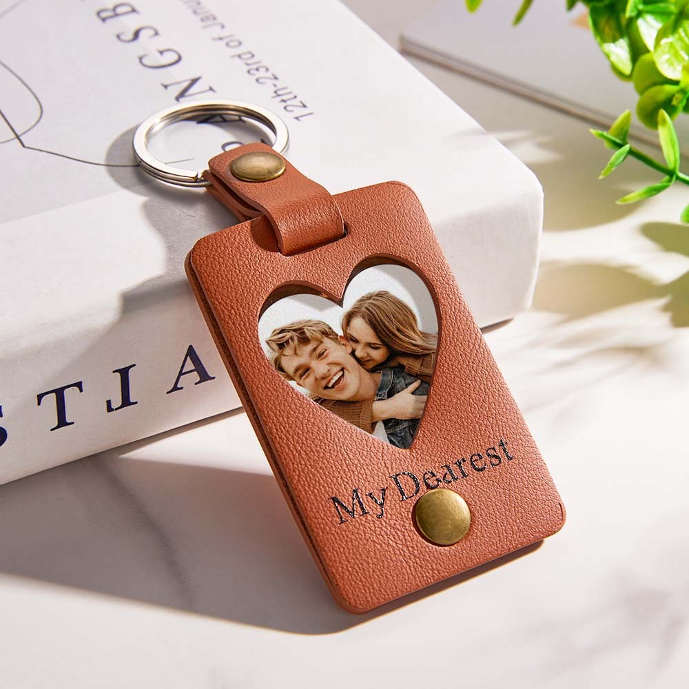 Custom Photo Engraved Keychains Heart-shaped Leather Gifts for Couple - soufeelus
