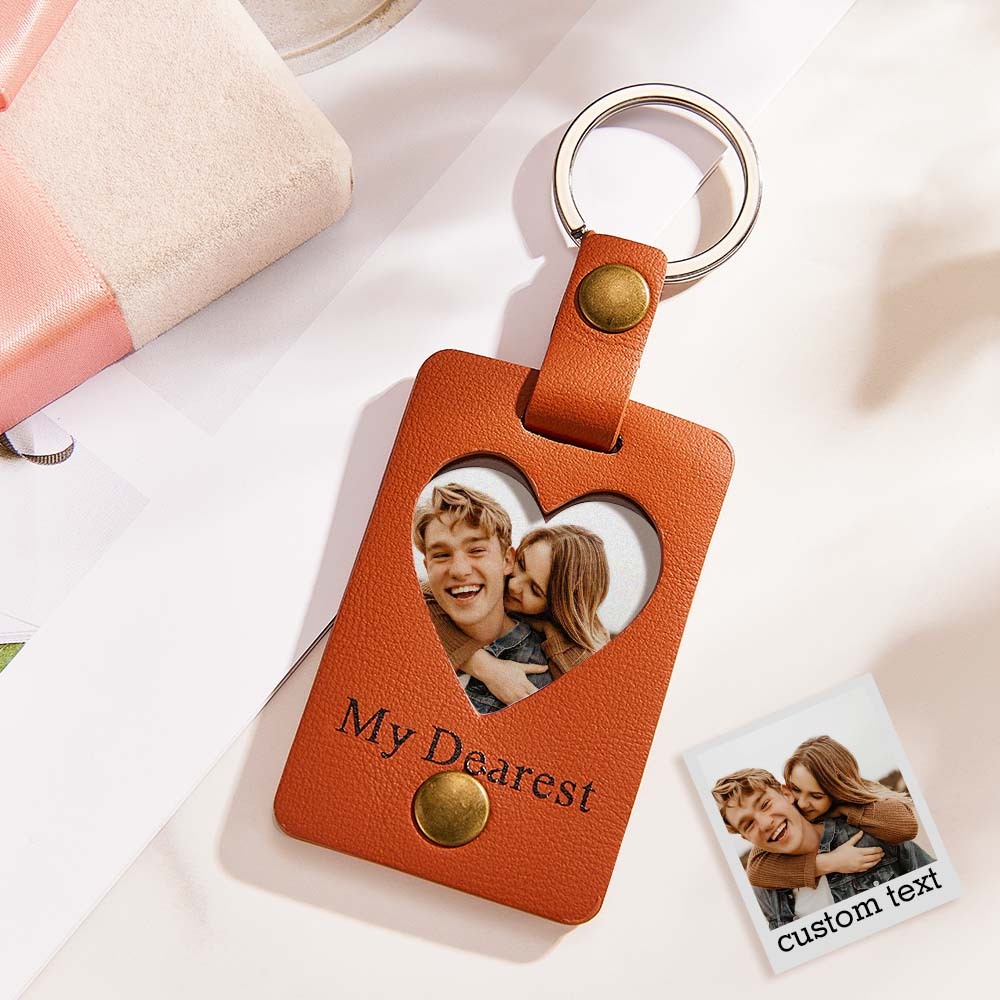 Custom Photo Engraved Keychains Heart-shaped Leather Gifts for Couple - soufeelus
