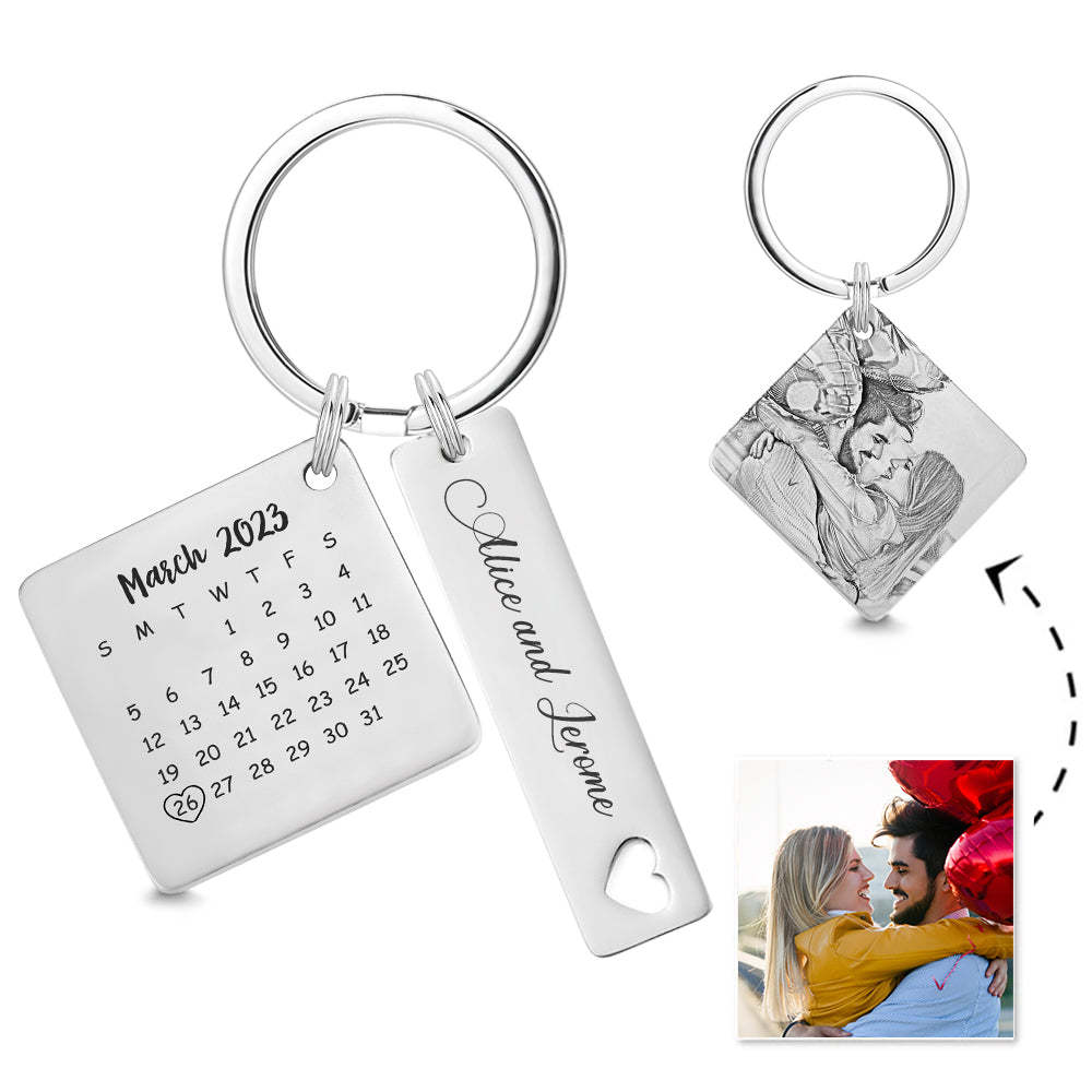 Custom Photo Calendar Keychain Personalized Save The Date Keychain Gift for Lover - soufeelus
