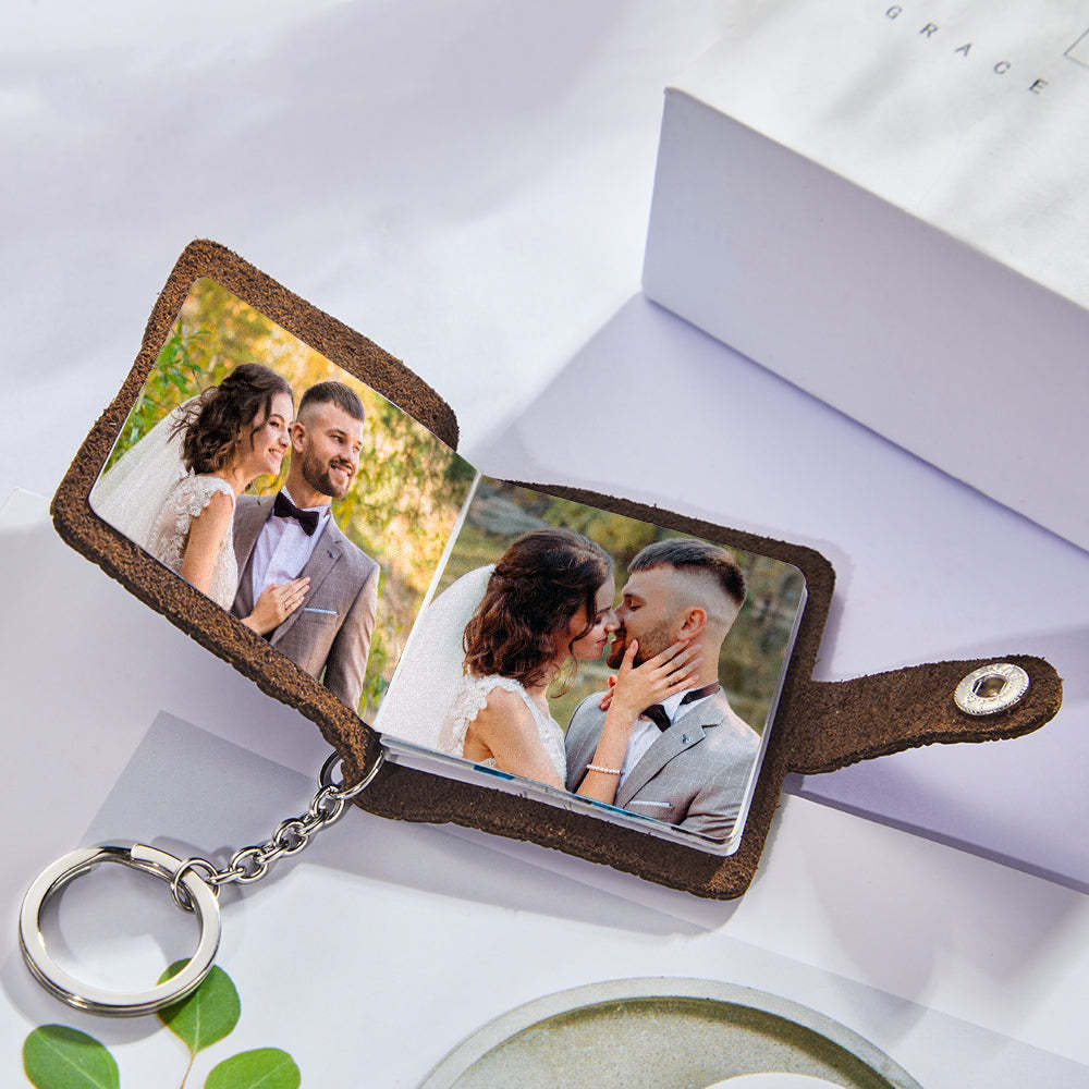 Personalized Mini Photo Album Leather Keychain Custom Photo Brown Keychain Pendant Romantic Gift - soufeelus