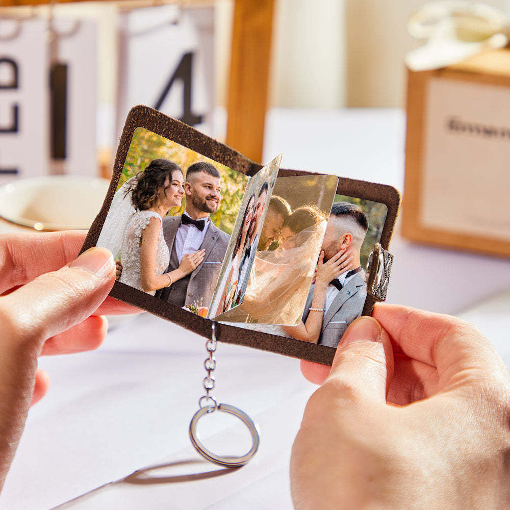 Personalized Mini Photo Album Leather Keychain Custom Photo Brown Keychain Pendant Romantic Gift - soufeelus