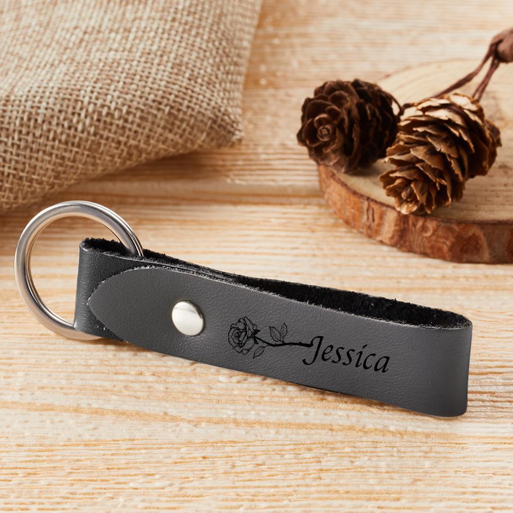 Custom Name Leather Keychain Personalised Rose Key Chain Memorial Gifts for Her - soufeelus