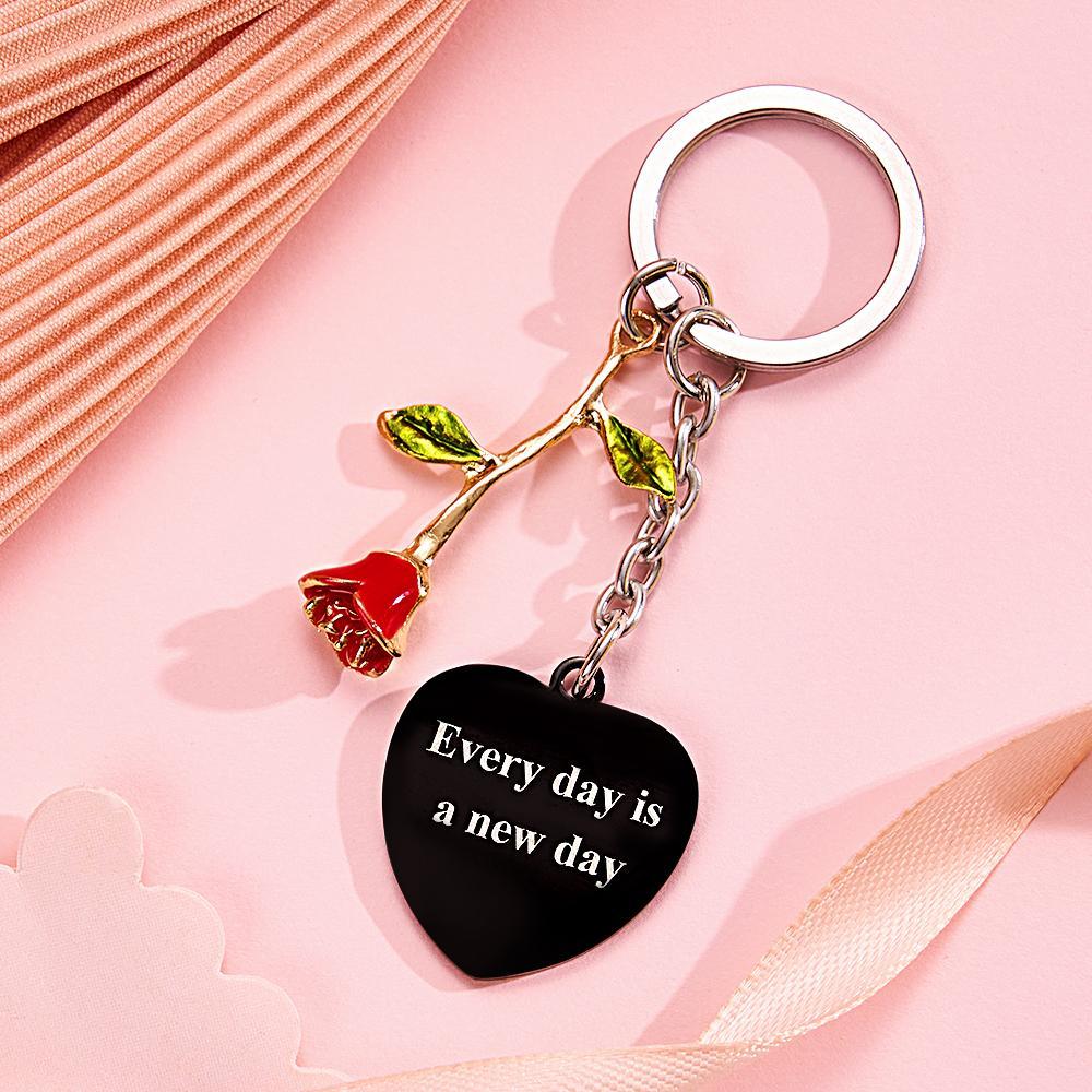 Personalized Rose Pendant Heart Keychain Elegant Flower Key Ring for Her - soufeelus
