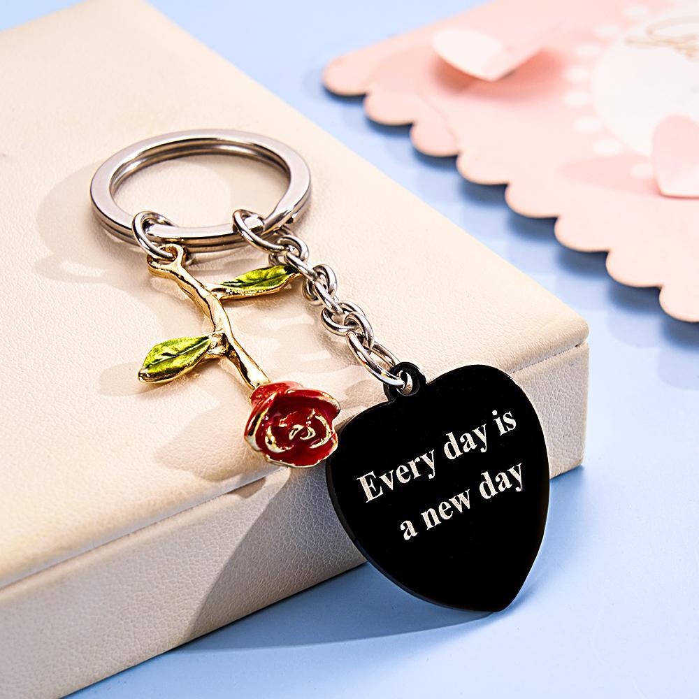 Personalized Rose Pendant Heart Keychain Elegant Flower Key Ring for Her - soufeelus