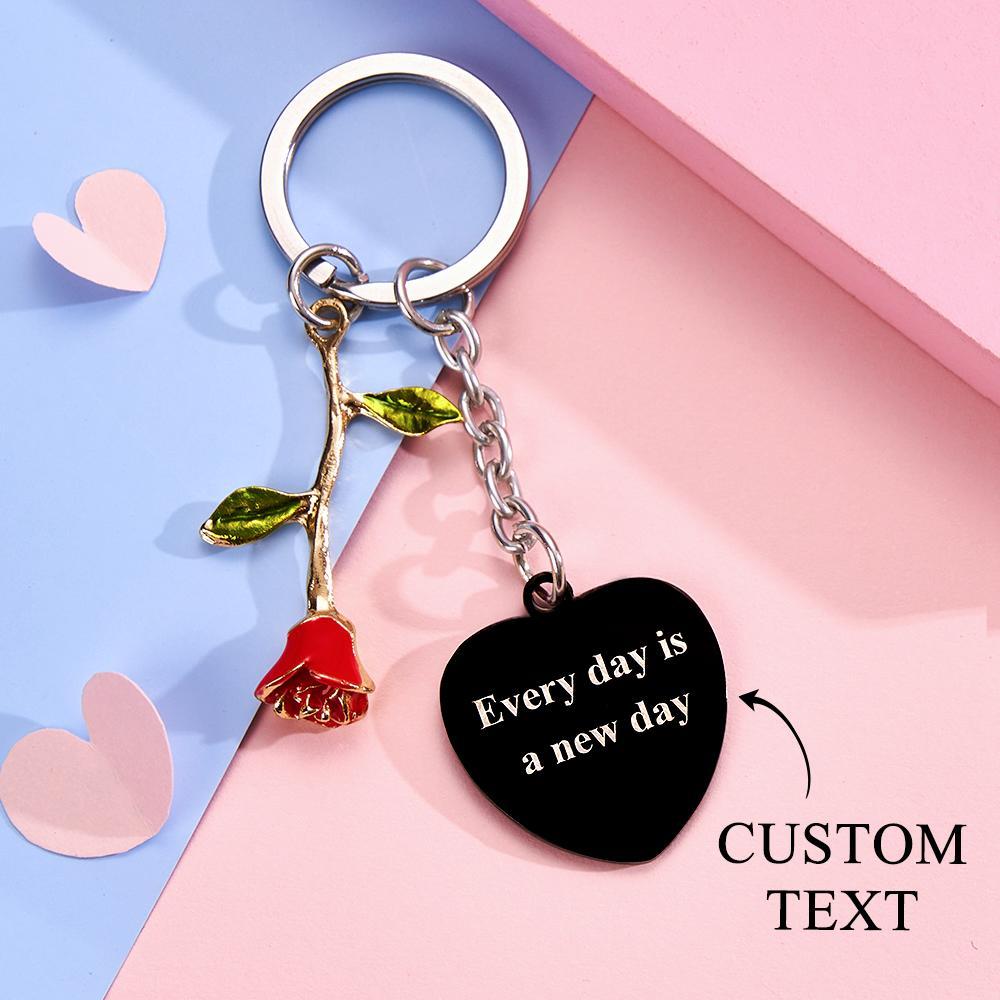 Personalized Rose Pendant Heart Keychain Elegant Flower Key Ring for Her - soufeelus