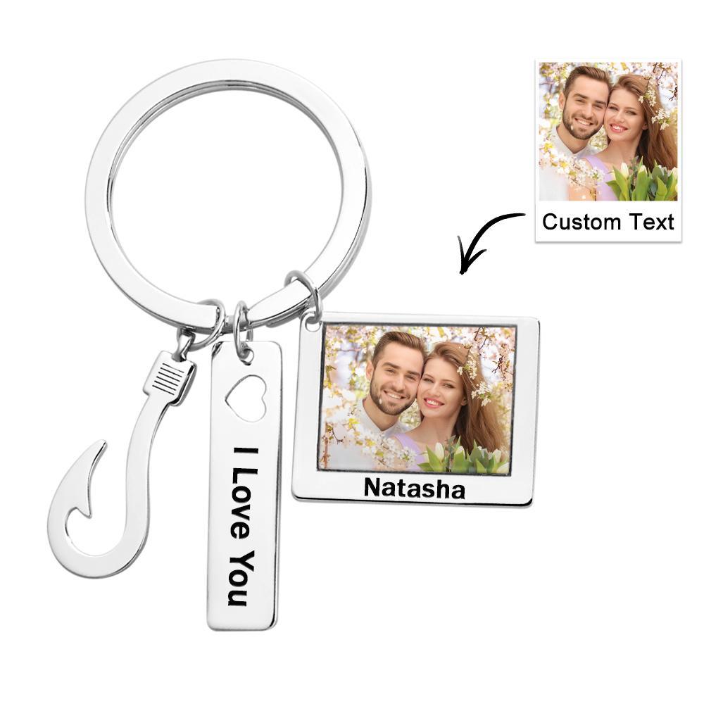 Custom Photo Fish Hook Keychain Creative Engraved Key Ring Father's Day Gifts