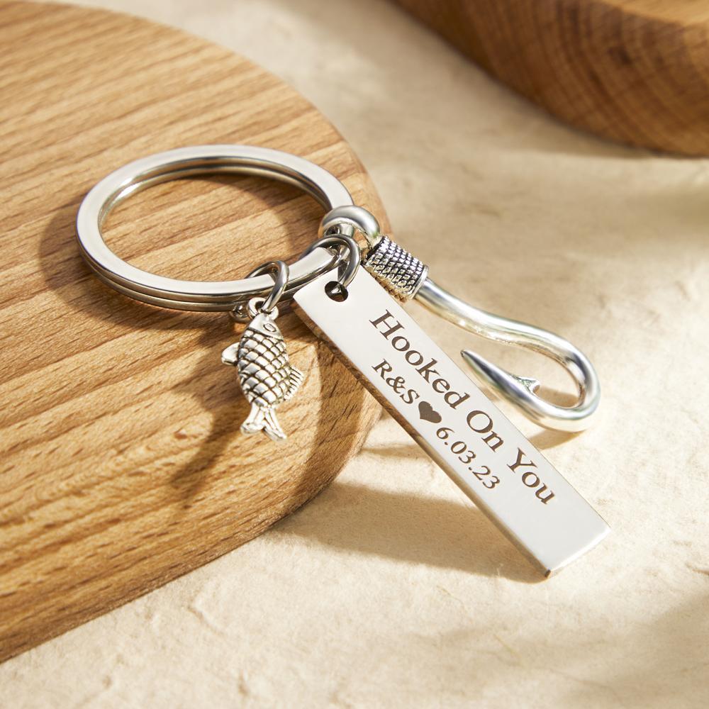 Custom Engraved Keychain Hooked on You Fish Hook Gifts - soufeelus