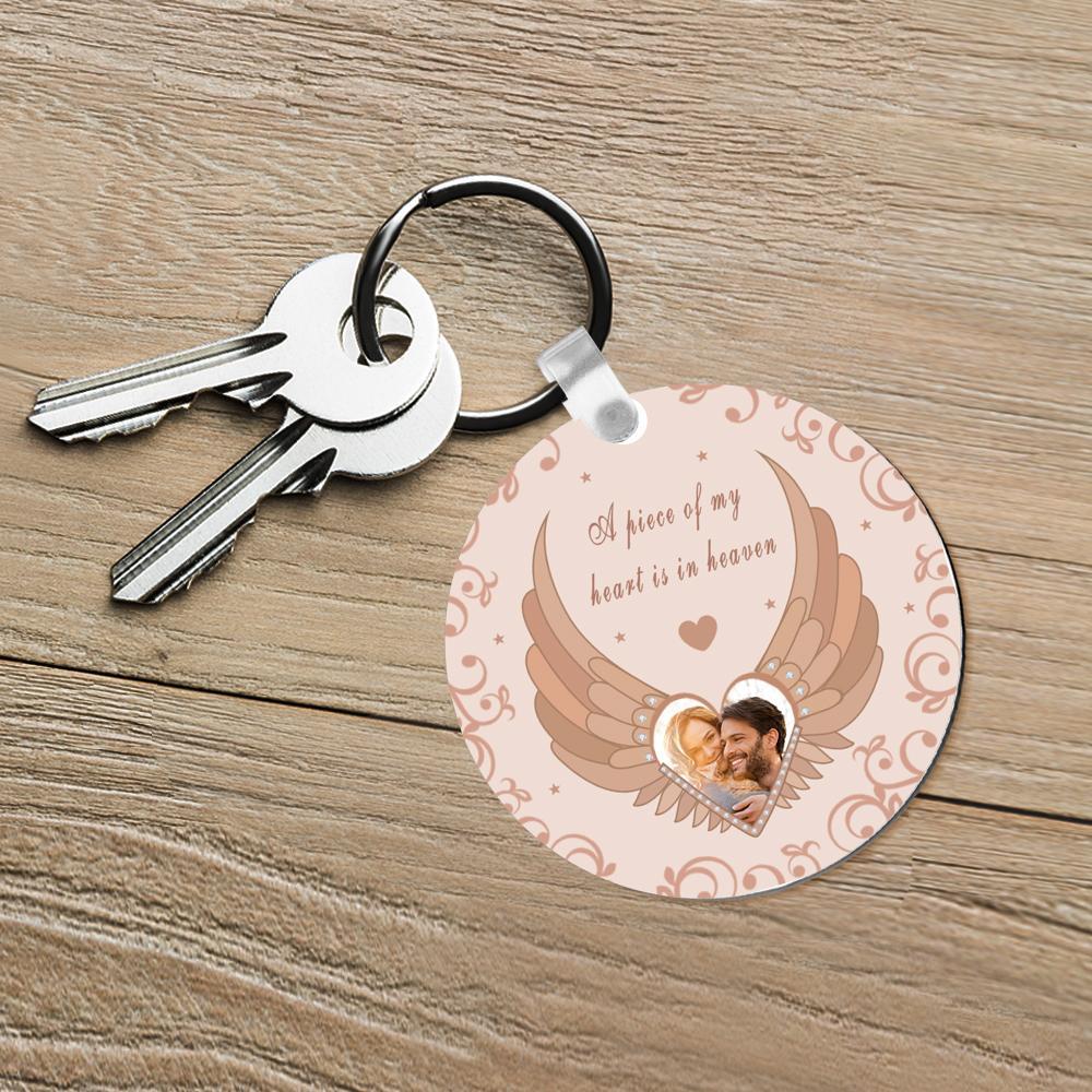 Custom Photo Engraved Keychain Round Memorial Pink Angel Wings Photo Keychain - soufeelus