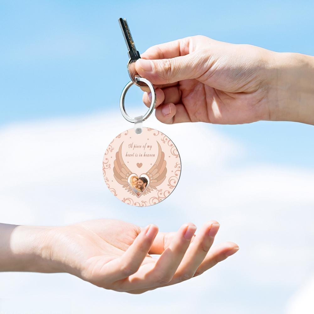 Custom Photo Engraved Keychain Round Memorial Pink Angel Wings Photo Keychain - soufeelus