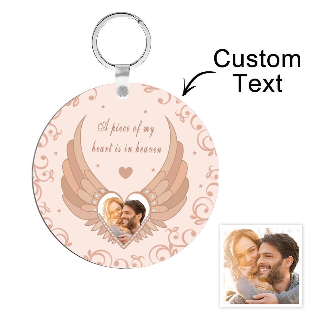 Custom Photo Engraved Keychain Round Memorial Pink Angel Wings Photo Keychain - soufeelus