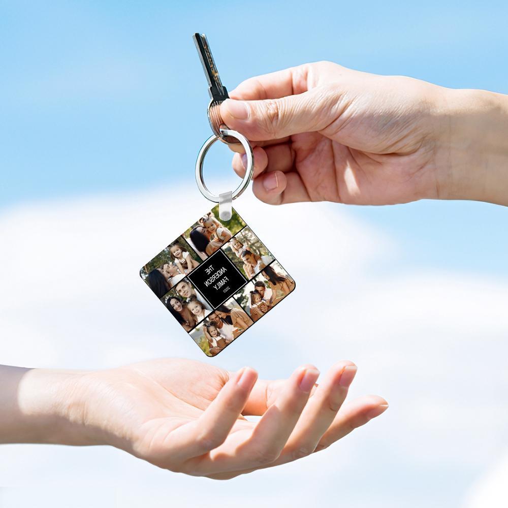 Custom Multiphoto Engraved Keychain Square Collage Editable Color Gift Photo Keychain - soufeelus