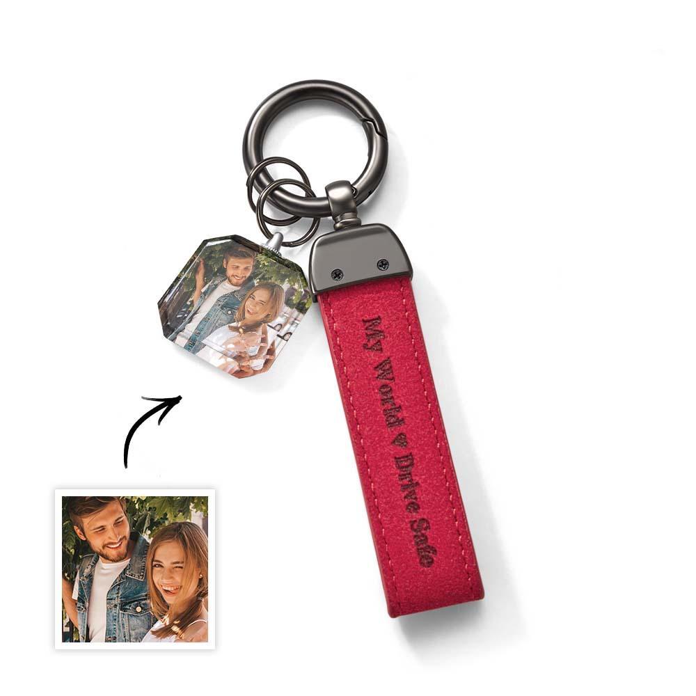 Drive Safe My Love Personalized Laser Engraved Leather Crystal Photo KeyChain
