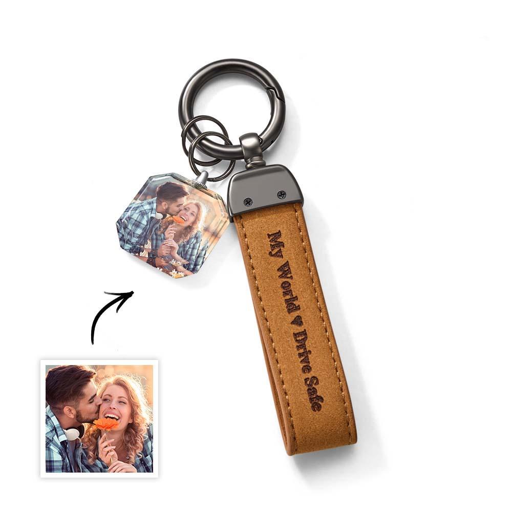 Drive Safe My Love Personalized Laser Engraved Leather Crystal Photo KeyChain - soufeelus