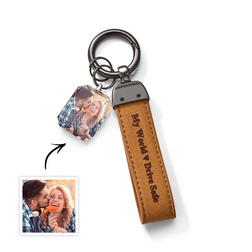 Drive Safe My Love Personalized Laser Engraved Leather Crystal Photo KeyChain - soufeelus