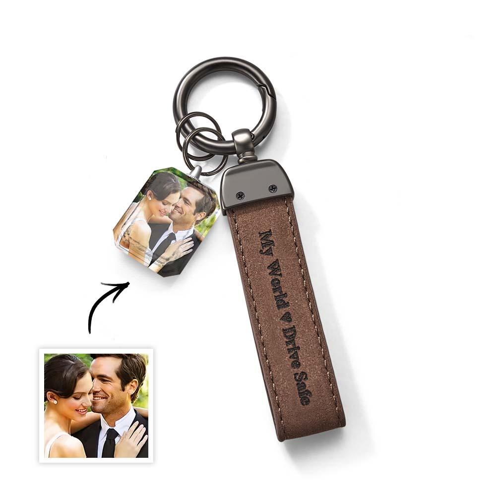 Drive Safe My Love Personalized Laser Engraved Leather Crystal Photo KeyChain - soufeelus