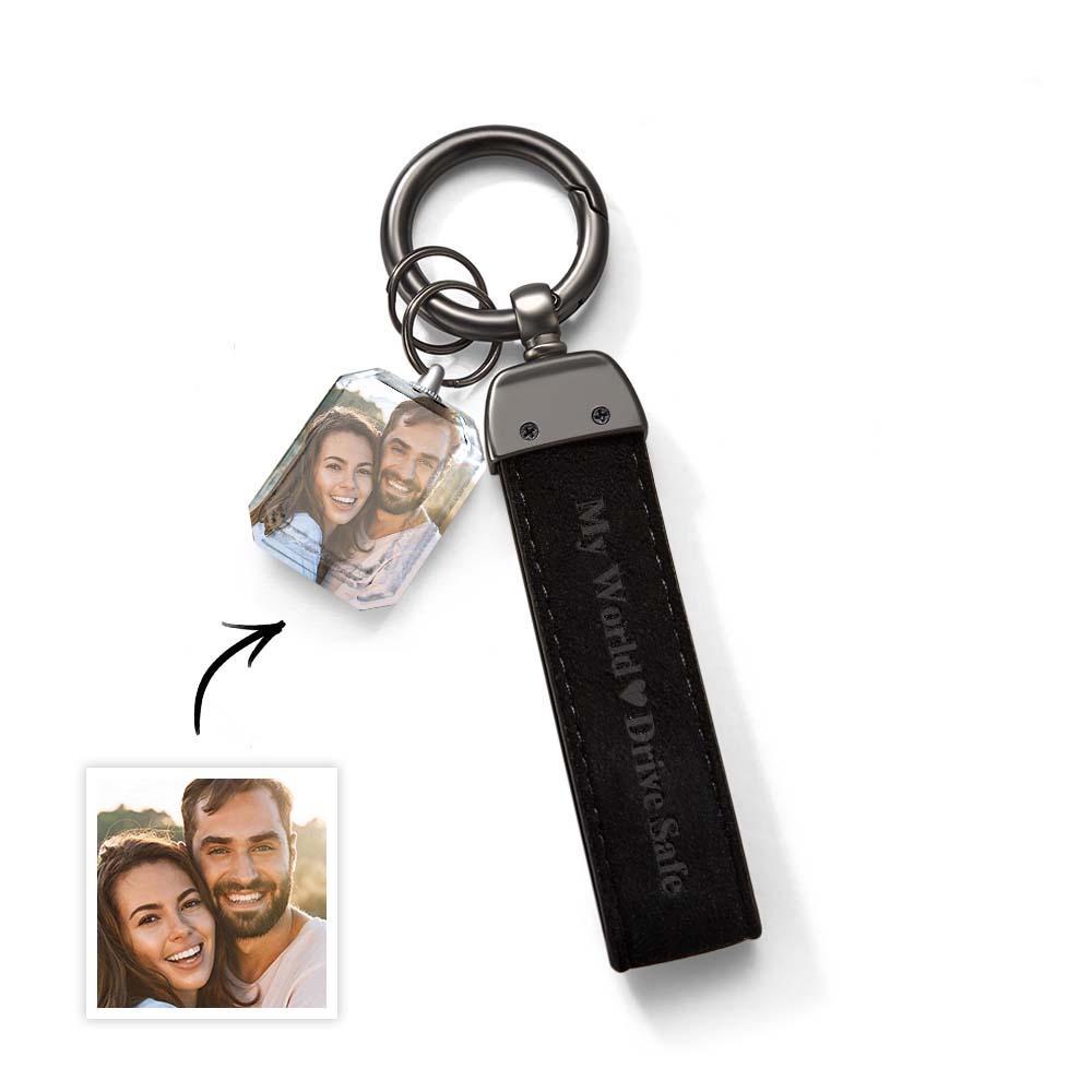 Drive Safe My Love Personalized Laser Engraved Leather Crystal Photo KeyChain - soufeelus