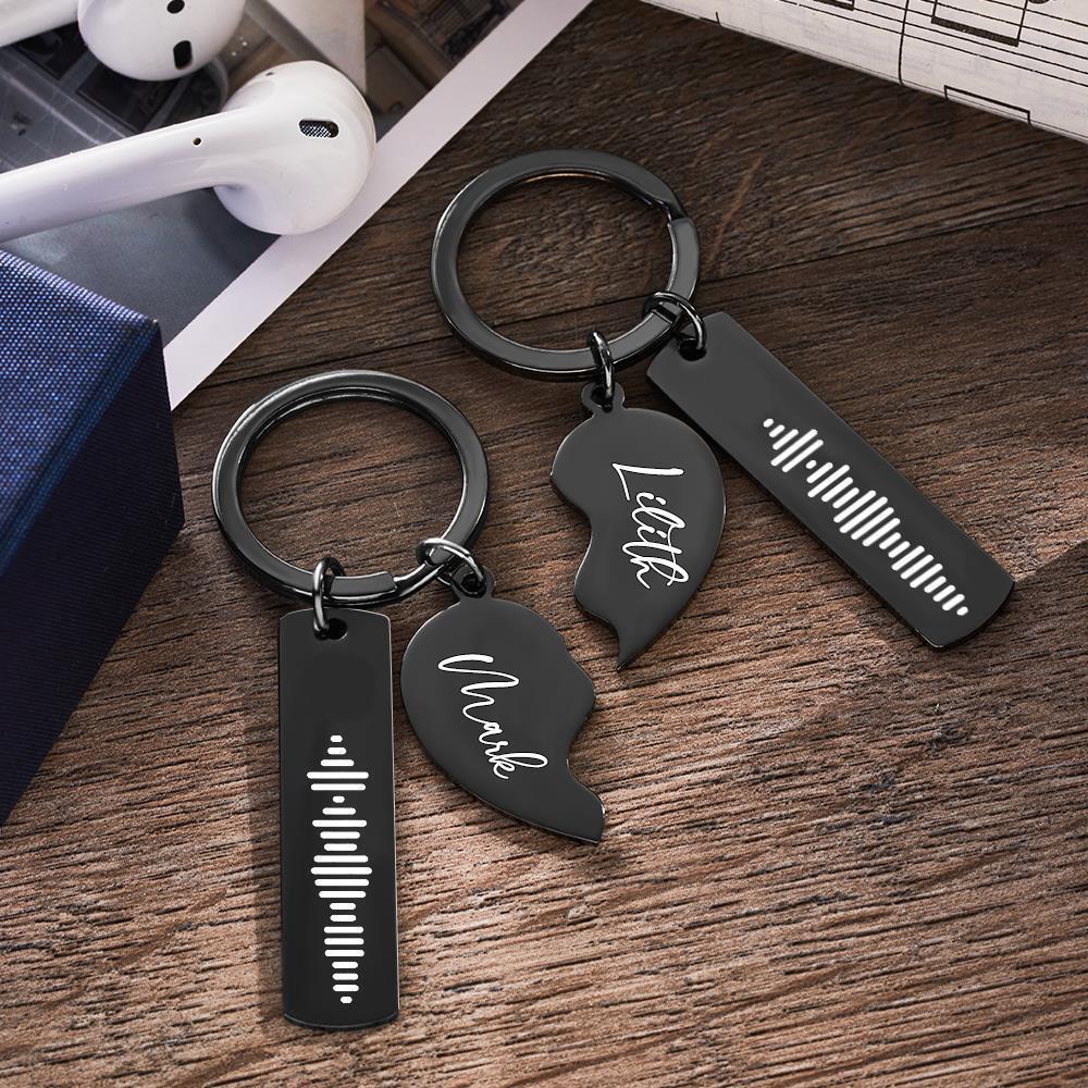 2 Personalized Music Code Keychain Engraved Name in Heart Shape Keychain  Valentines Day Gift