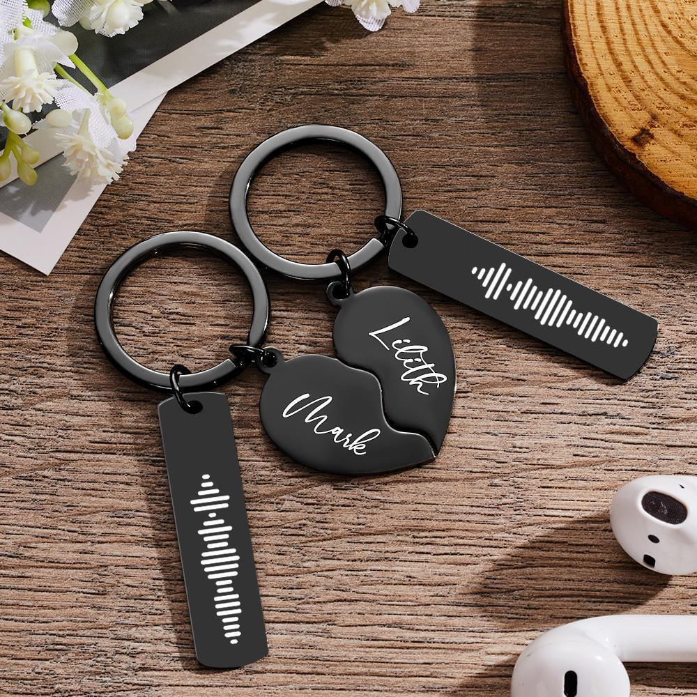 2 Personalized Music Code Keychain Engraved Name in Heart Shape Keychain  Valentines Day Gift