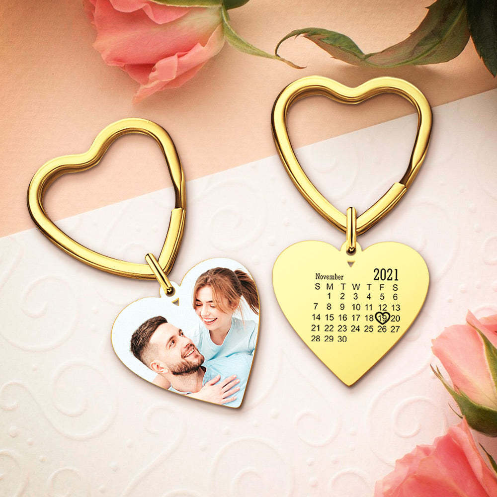 Custom Photo Heart Keychain Calendar Keyring Anniversary Memoria Gifts for Couple's - 