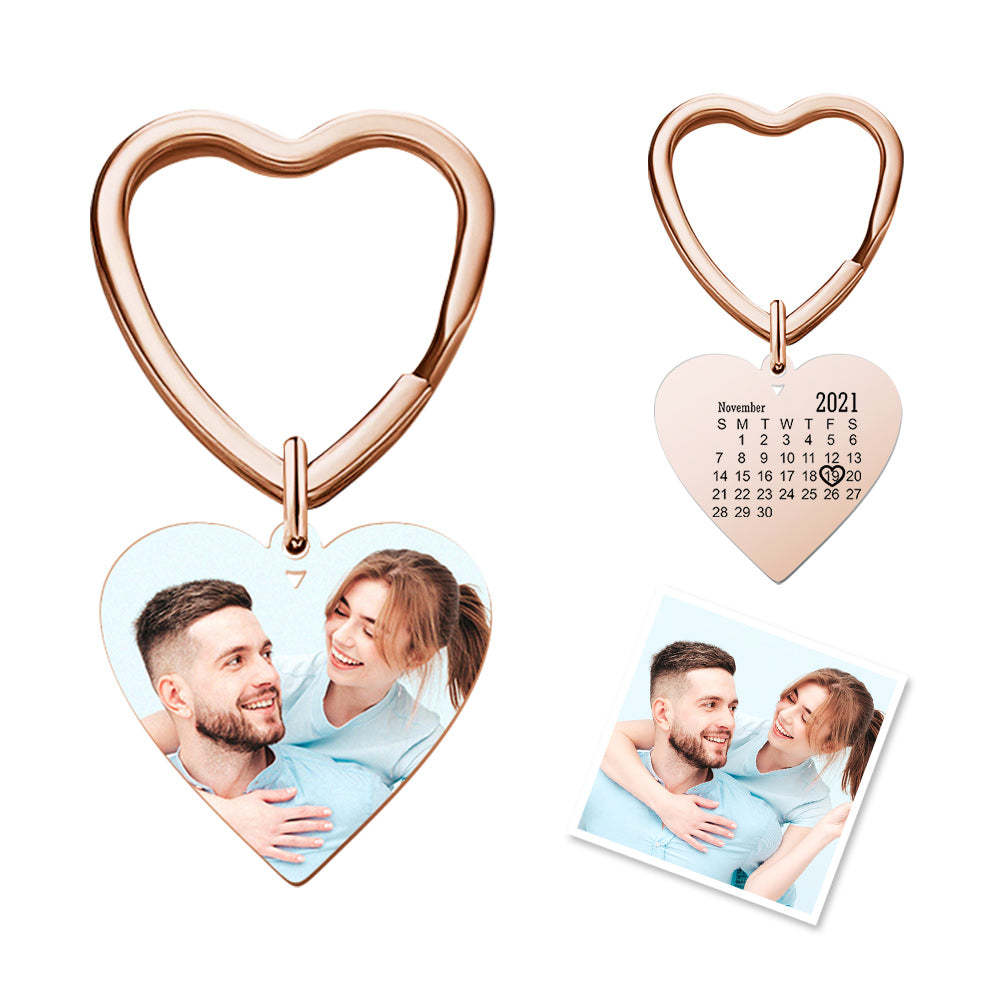 Custom Photo Heart Keychain Calendar Keyring Anniversary Memoria Gifts for Couple's - 