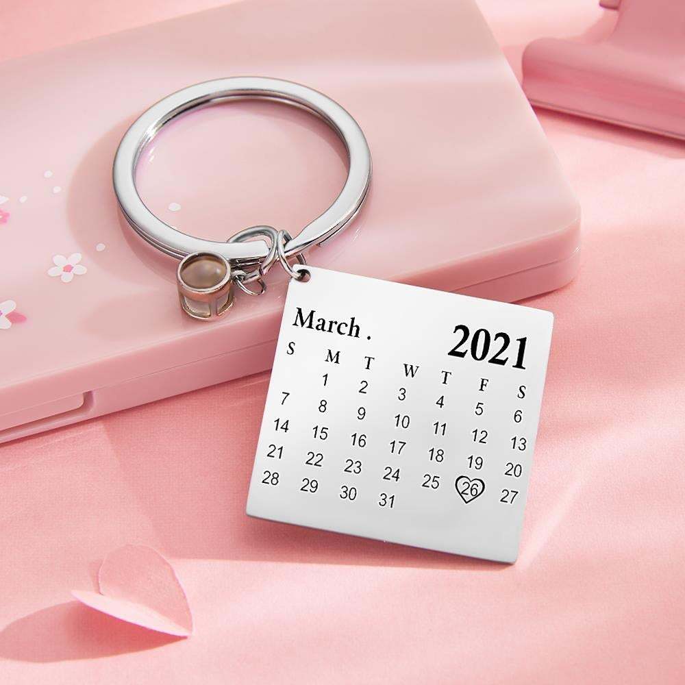 Custom Photo Projection Keychain Personalized Calendar Key Ring Anniversary Gift