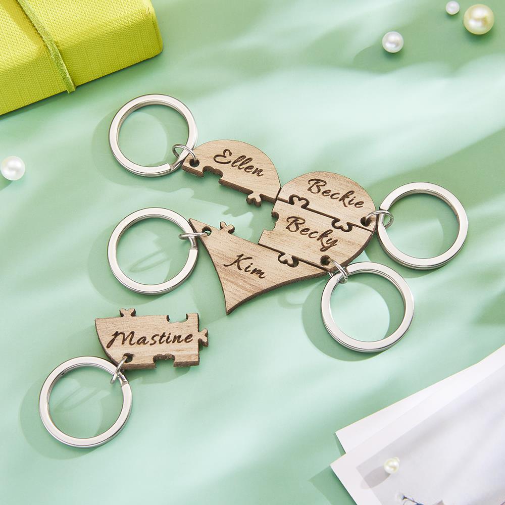 Custom Engraved Five Piece Heart Name Jigsaw Keychain Wooden Key Ring