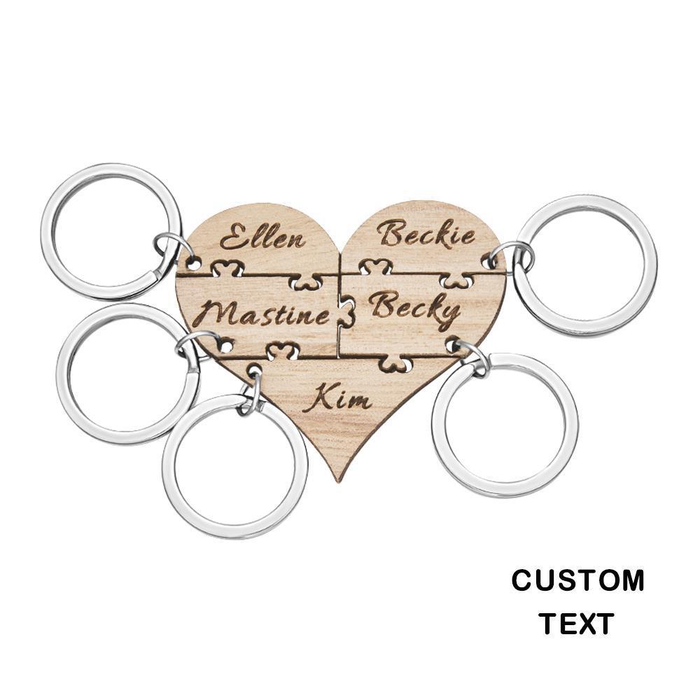 Custom Engraved Five Piece Heart Name Jigsaw Keychain Wooden Key Ring