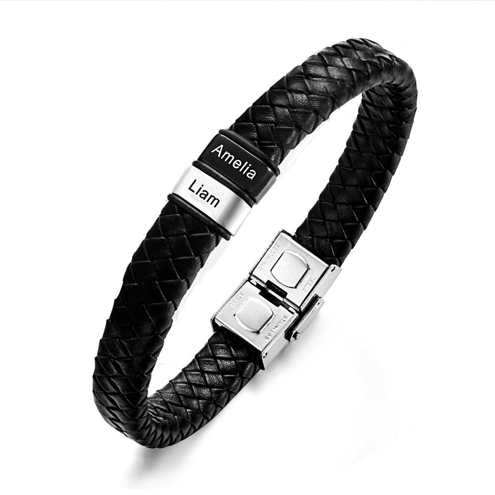 Engraved with 2-6 Names Leather and Steel Bracelets Anniversary Gift for Husband - soufeelus