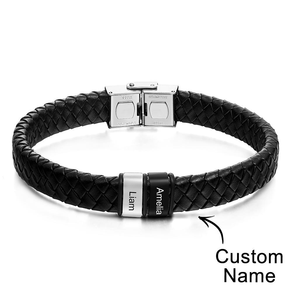 Engraved with 2-6 Names Leather and Steel Bracelets Anniversary Gift for Husband