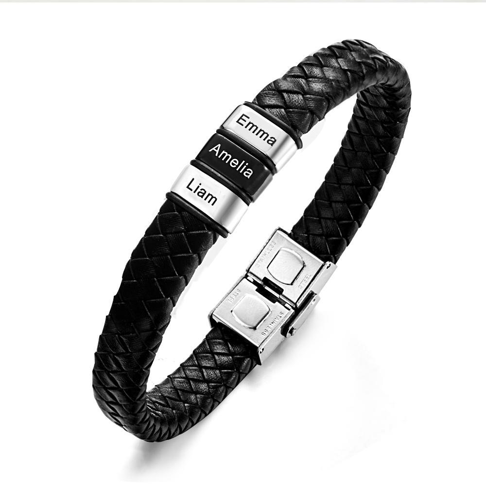 Engraved with 2-6 Names Leather and Steel Bracelets Anniversary Gift for Husband - soufeelus