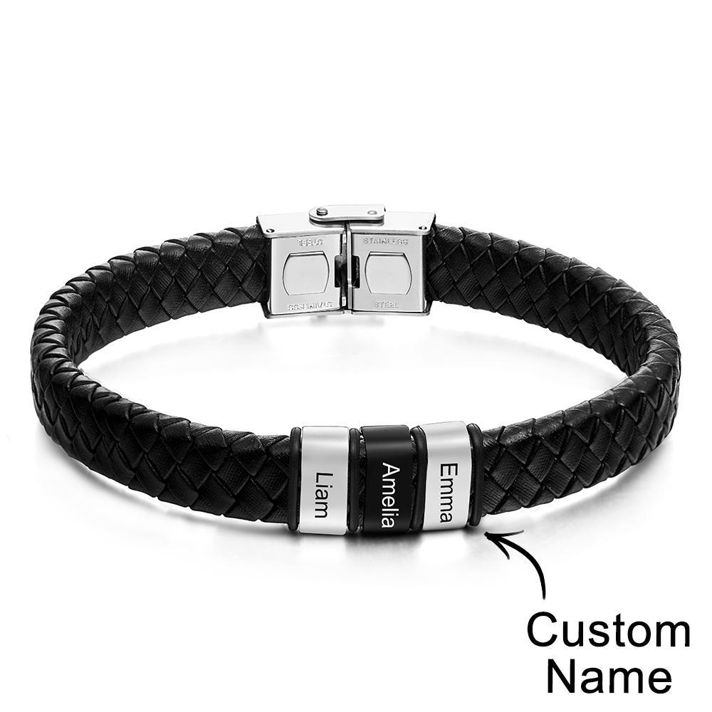 Engraved with 2-6 Names Leather and Steel Bracelets Anniversary Gift for Husband - soufeelus