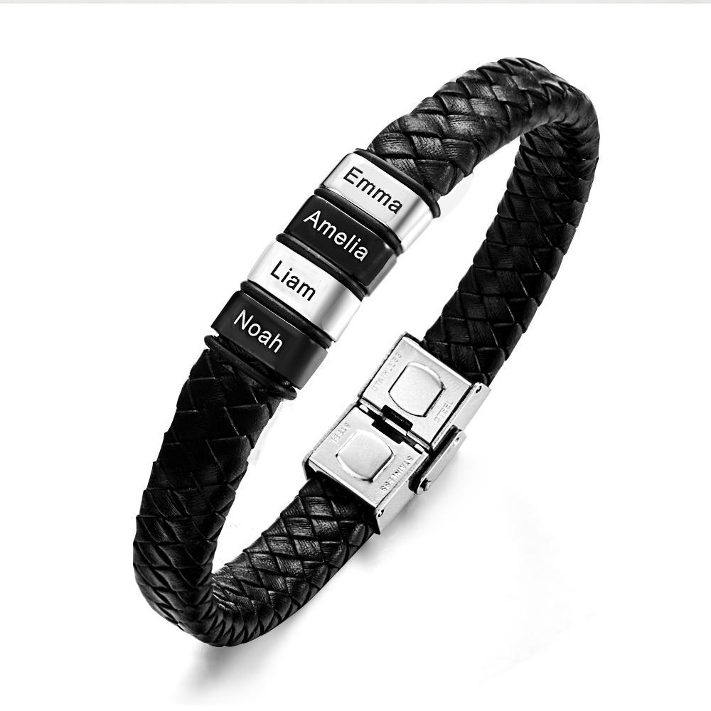 Engraved with 2-6 Names Leather and Steel Bracelets Anniversary Gift for Husband - soufeelus