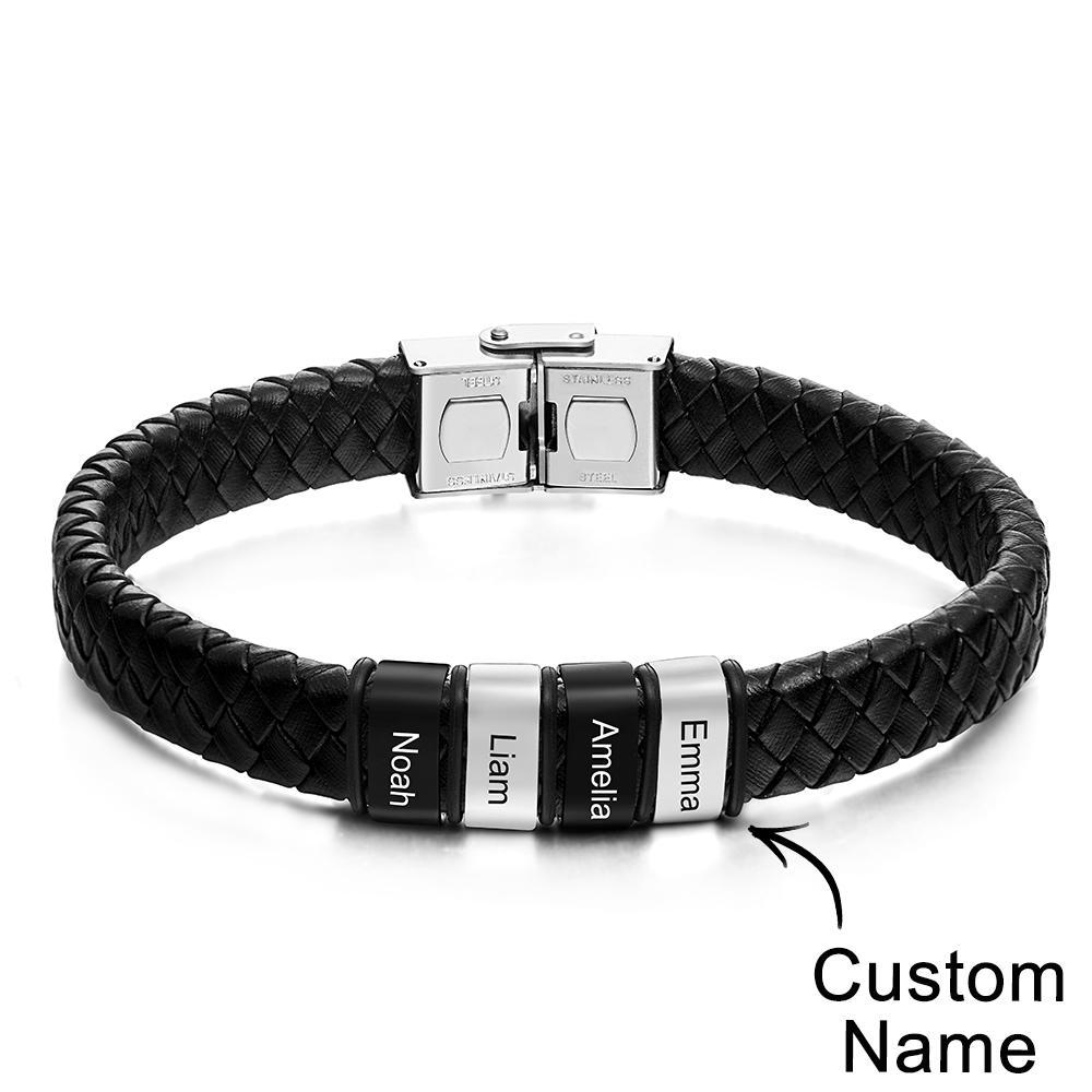 Engraved with 2-6 Names Leather and Steel Bracelets Anniversary Gift for Husband - soufeelus