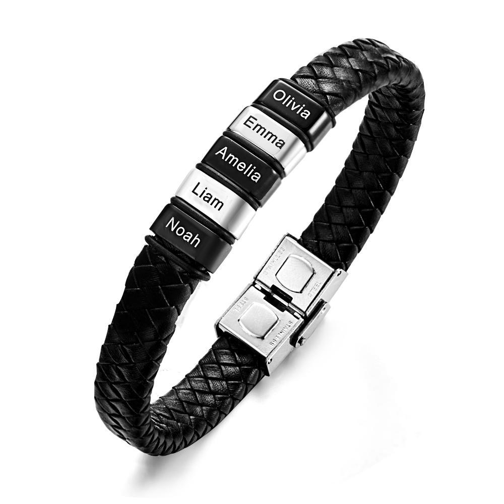Engraved with 2-6 Names Leather and Steel Bracelets Anniversary Gift for Husband - soufeelus