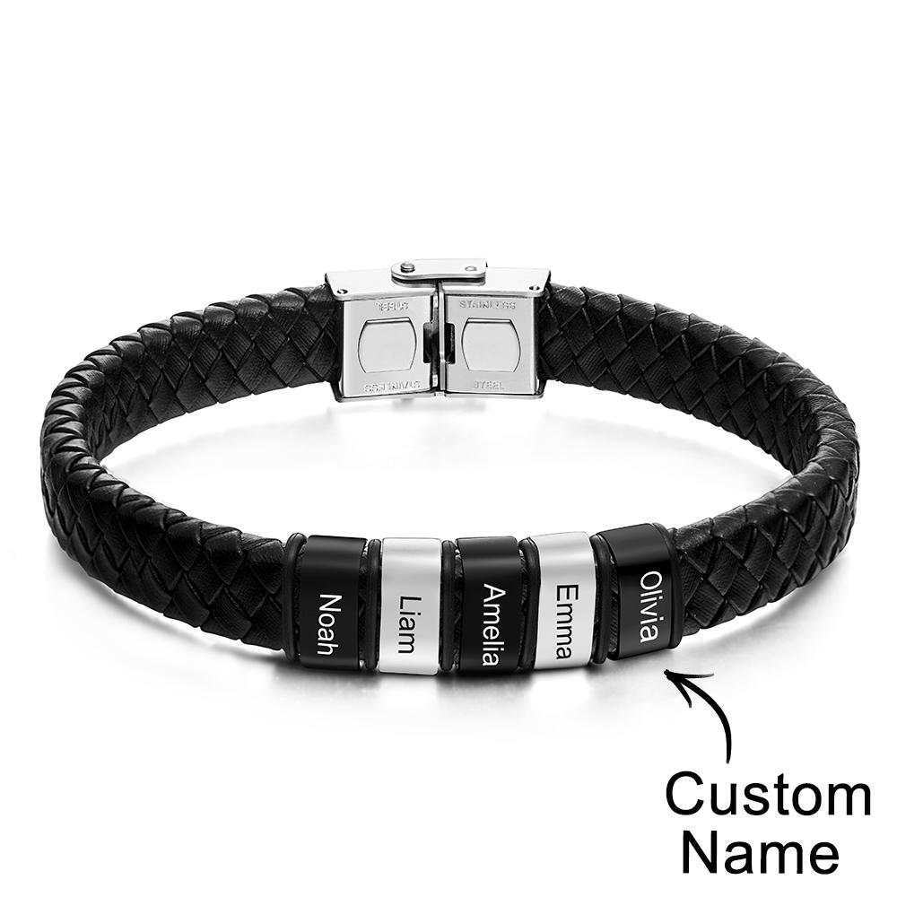 Engraved with 2-6 Names Leather and Steel Bracelets Anniversary Gift for Husband - soufeelus